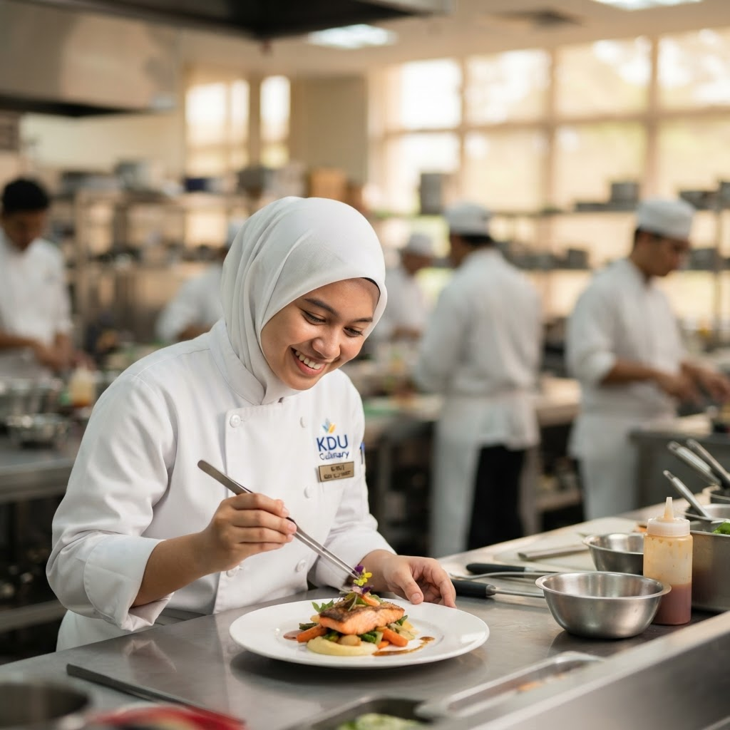 Malaysian TVET student plating a dish in a professional training kitchen