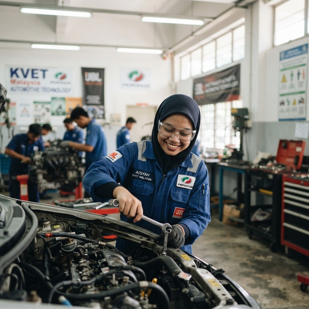 Malaysian TVET student working on an automotive engine in a training workshop