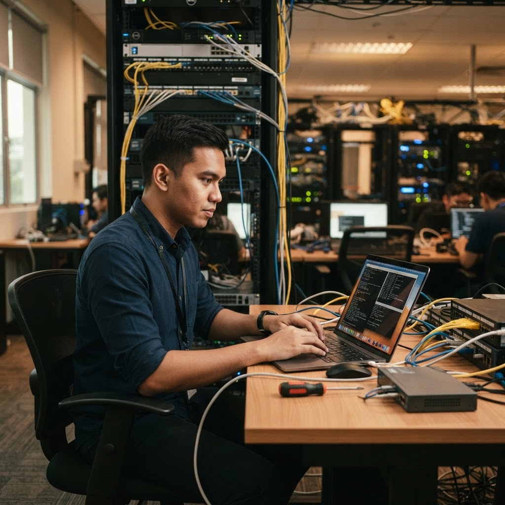 Malaysian TVET student configuring network servers in a computer lab