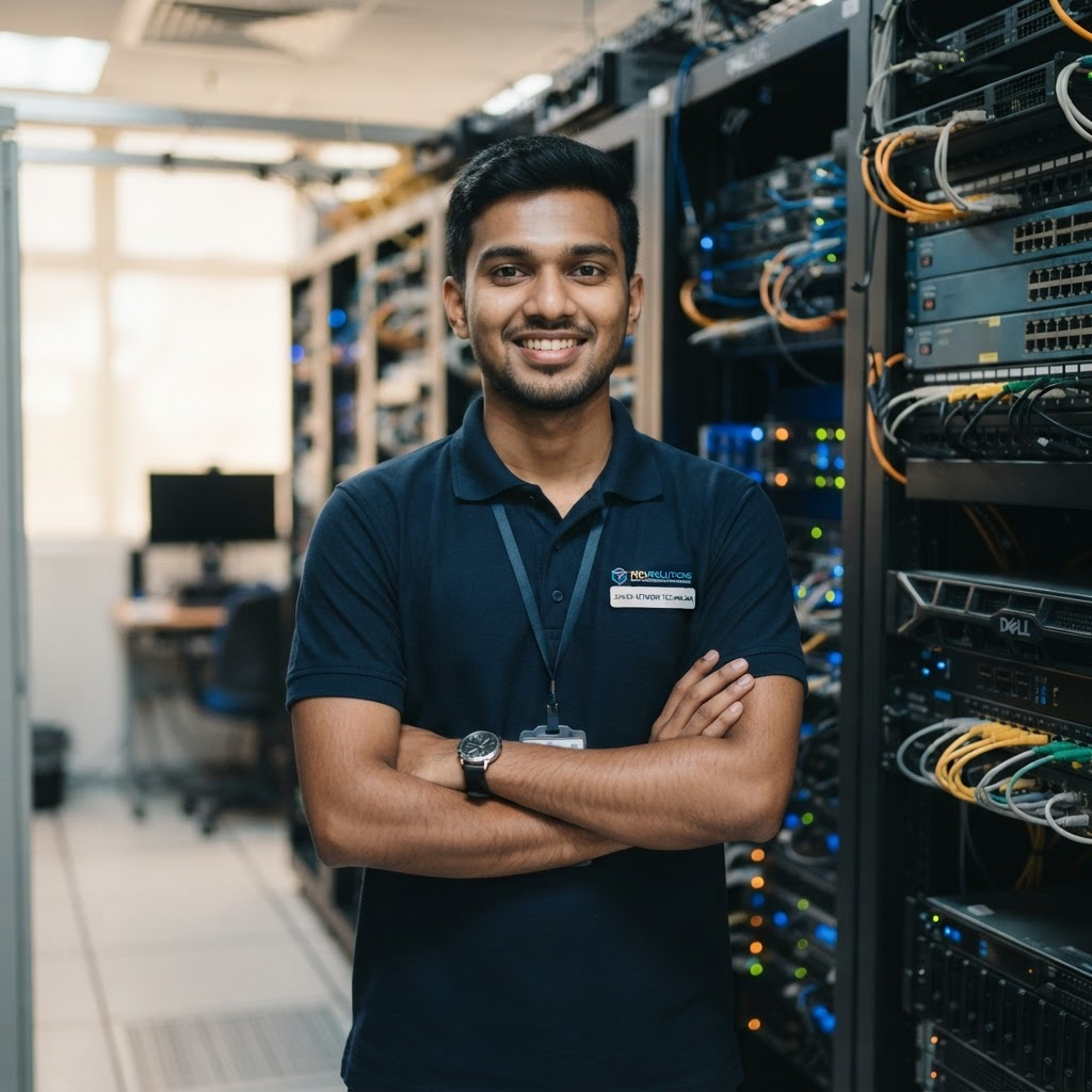 Amirul Hakim, junior network technician, in a server room